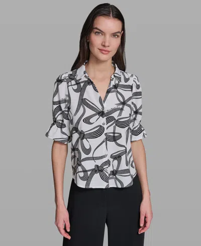 Karl Lagerfeld Petite Bow Print Collared Blouse In Multi