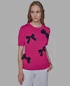Karl Lagerfeld Petite Bow Short Sleeve Sweater In Pink