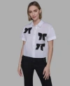 Karl Lagerfeld Petite Bow Short Sleeves Top In White