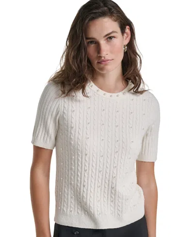 Karl Lagerfeld Petite Cable-knit Short-sleeve Embellished Sweater In White