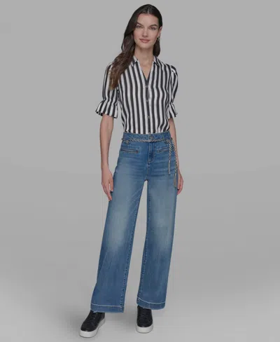 Karl Lagerfeld Petite Chain Belt High Rise Wide Leg Jeans In Blue