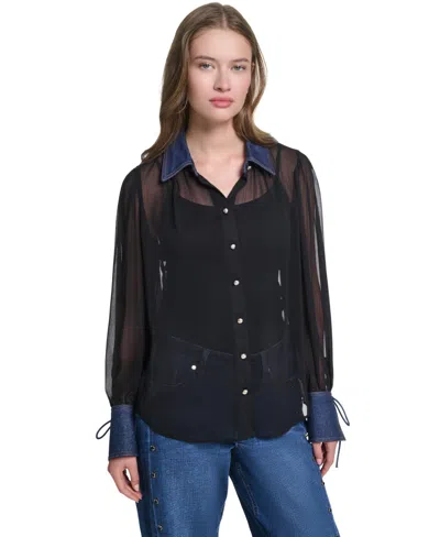 Karl Lagerfeld Petite Collared Button-front Blouse In Black