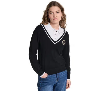 Karl Lagerfeld Petite Collared Button-front Twofer Sweater In Multi