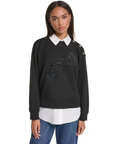 Karl Lagerfeld Petite Collared Twoffer Long-sleeve Loose-fit Pullover Sweater In Black