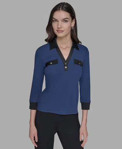 Karl Lagerfeld Petite Collared V-neck Rib-knit Top In Blue