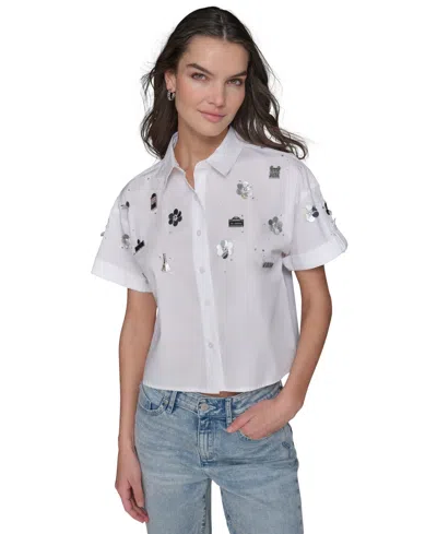 Karl Lagerfeld Petite Cotton Button-front Embellished Shirt In White