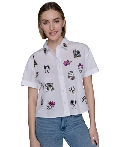 Karl Lagerfeld Petite Cotton Embroidered Short-sleeve Shirt