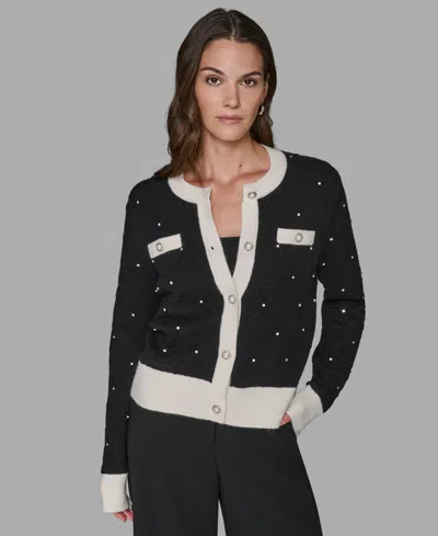 Karl Lagerfeld Petite Crew Neck Front-button Cardigan Sweater In Black
