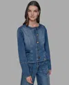 Karl Lagerfeld Petite Crewneck Button-front Denim Jacket In Blue