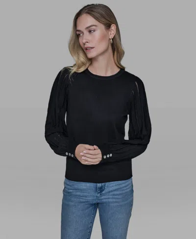 Karl Lagerfeld Petite Crewneck Long-sleeve Sweater In Black