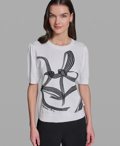 Karl Lagerfeld Petite Crewneck Puff-sleeve Sweater In White