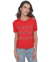 Karl Lagerfeld Petite Crystal Bonjour Short-sleeve Sweater In Apple Red