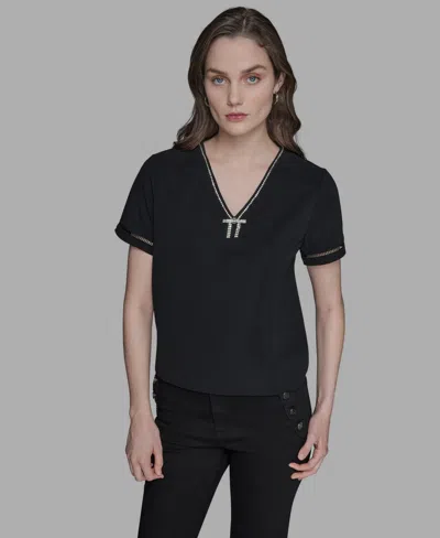 Karl Lagerfeld Petite Crystal Bow V-neck Knit Top In Black