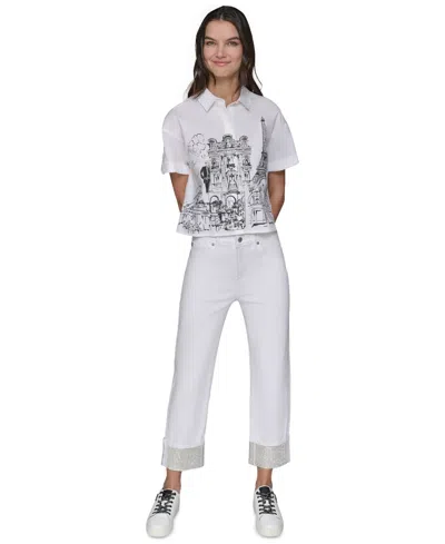 Karl Lagerfeld Petite Crystal-cuff Cropped Jeans