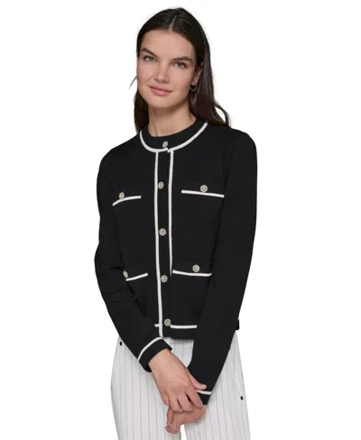 Karl Lagerfeld Petite Embellished-button Tipped Cardigan Sweater In Black
