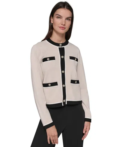 Karl Lagerfeld Petite Embellished-button Tipped Cardigan Sweater In Tan