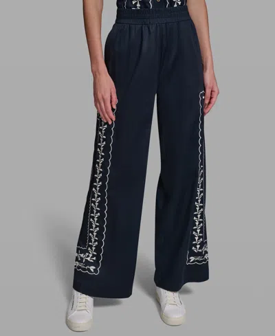 Karl Lagerfeld Petite Embroidered Mid-rise Floral Pants In Black