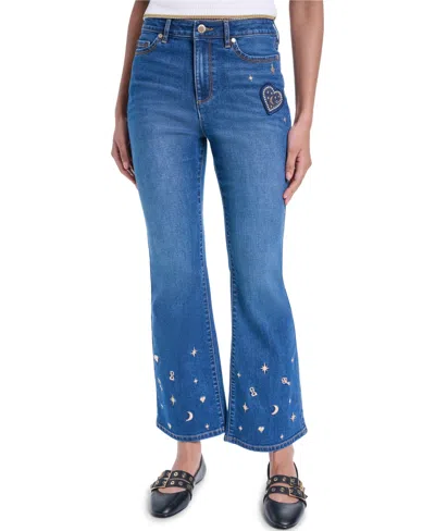Karl Lagerfeld Petite Embroidered Motif Bootcut Jeans In Blue