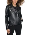 Karl Lagerfeld Petite Faux-leather Asymmetric Moto Coat, Created For Macy's In Black