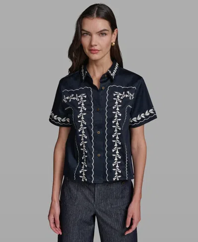 Karl Lagerfeld Petite Floral Embroidered Short-sleeve Shirt In Blue