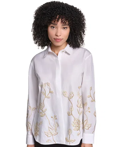 Karl Lagerfeld Petite Floral Long-sleeve Button-down Blouse In White