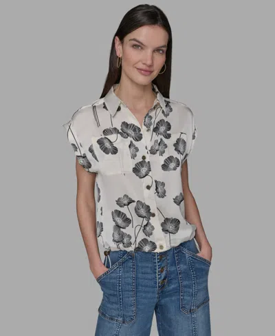 Karl Lagerfeld Petite Floral-print Drawcord-hem Blouse