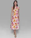Karl Lagerfeld Petite Floral-print Flutter-sleeve Midi Dress In Burgundy