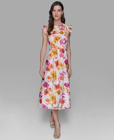 Karl Lagerfeld Petite Floral-print Flutter-sleeve Midi Dress