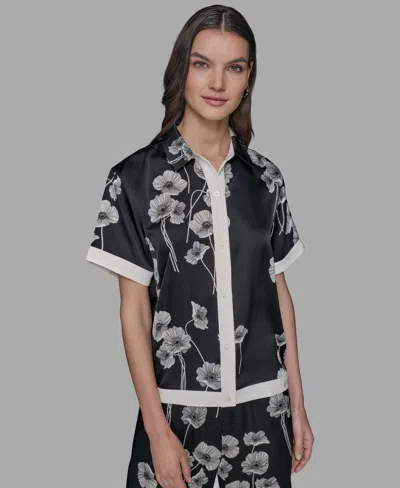 Karl Lagerfeld Petite Floral Print Satin Button-front Shirt In Black