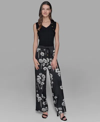 Karl Lagerfeld Womens Floral Print Drawstring Pants Xs P Xl In Black