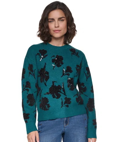 Karl Lagerfeld Petite Floral-sequin Crewneck Sweater In Black