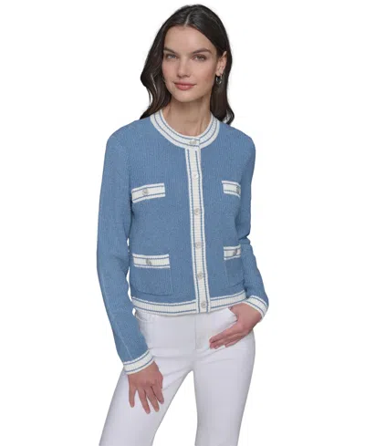 Karl Lagerfeld Petite Four-pocket Tipped Cardigan In Indigo