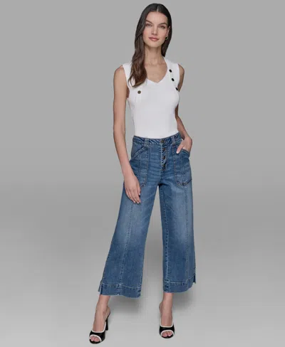 Karl Lagerfeld Petite High Rise Cropped Wide-leg Jeans In Blue