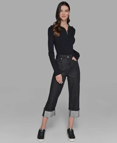 Karl Lagerfeld Petite High-rise Cuffed-embellished Jeans In Black