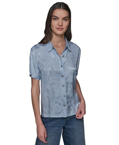 Karl Lagerfeld Petite Jacquard Camp Shirt In Chambray Blue
