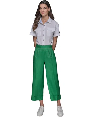 Karl Lagerfeld Petite Linen-blend Wide-leg Pants In Flore Green
