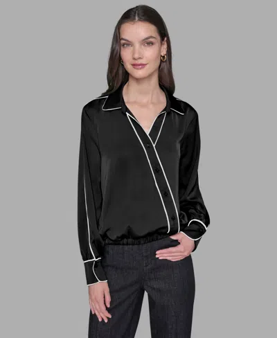 Karl Lagerfeld Petite Long Sleeve Crossover Woven Blouse In Black
