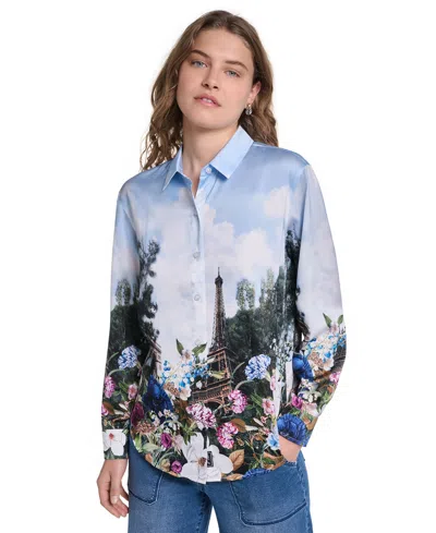 Karl Lagerfeld Petite Long-sleeve Printed City Scene Blouse In Multi