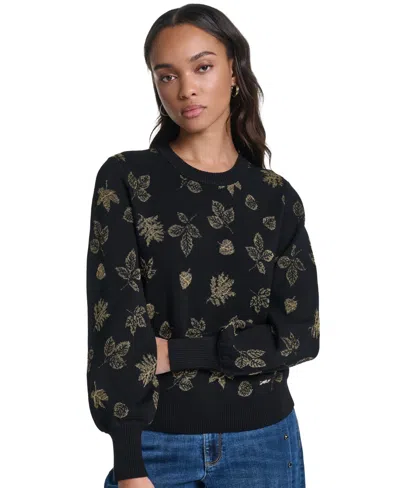Karl Lagerfeld Petite Lurex Motif Crewneck Sweater In Black,gold