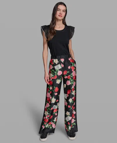 Karl Lagerfeld Petite Mid-rise Soft Printed Full Pants In Black