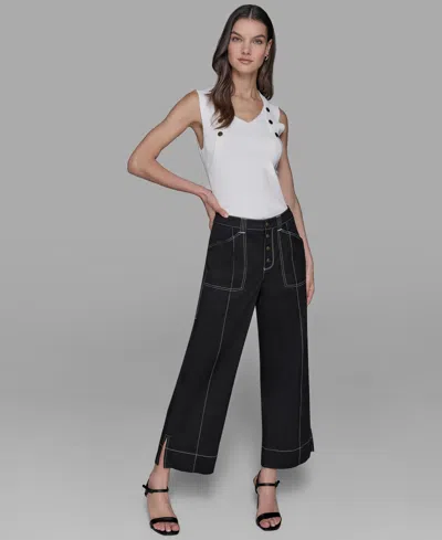 Karl Lagerfeld Petite Mid-rise Wide-leg Pants In Black
