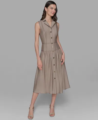 Karl Lagerfeld Petite Notched Collar Sleeveless Midi Shirtdress In Brown