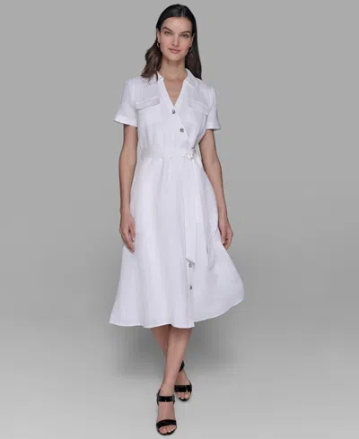 Karl Lagerfeld Petite Novelty-button Tie-waist Midi Shirtdress