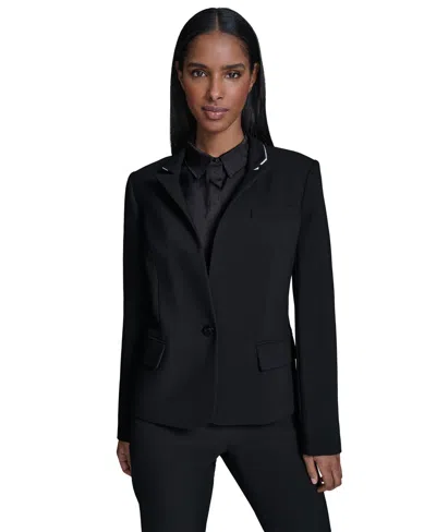 Karl Lagerfeld Petite One-button Reverse Lapel Blazer In Black