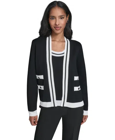 Karl Lagerfeld Petite Open-front Long-sleeve Knit Cardigan With Contrast Trim In Black