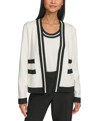 Karl Lagerfeld Petite Open-front Long-sleeve Knit Cardigan With Contrast Trim In Soft White,black
