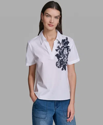 Karl Lagerfeld Petite Oversized Floral Short-sleeve Blouse In White