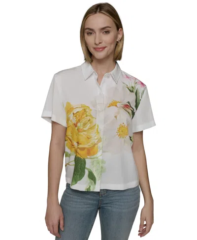 Karl Lagerfeld Petite Placed Floral Cropped Woven Top In Soft White