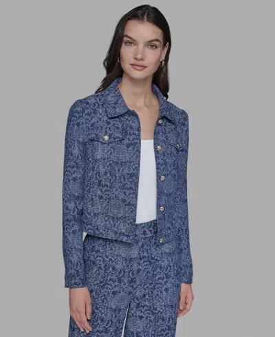 Karl Lagerfeld Petite Printed Button-front Jacket In Blue