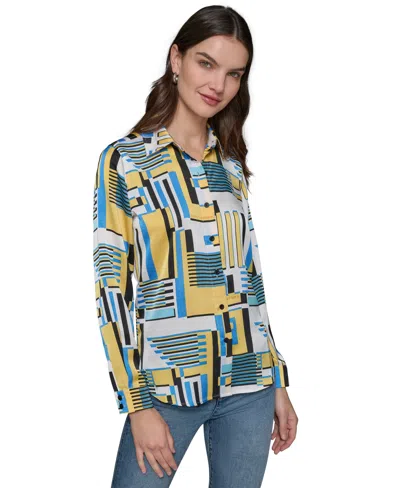 Karl Lagerfeld Petite Printed Button-front Shirt In Daffodil Multi